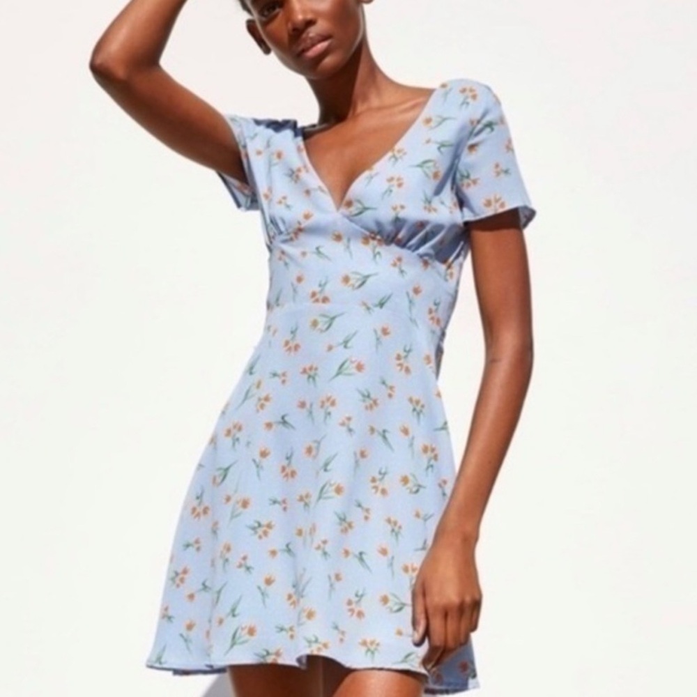 ZARA Orange Tulip V-Neck Blue Dress